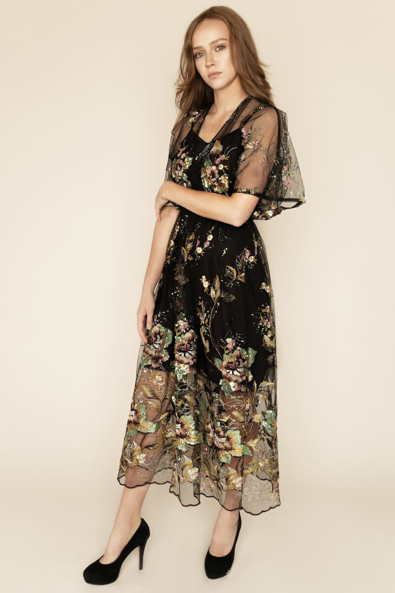 Natalie Floral Embellished Flutter Sleeve Midi Dress