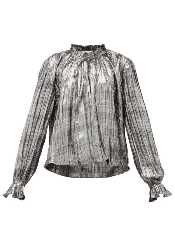 Ruffled high-neck plissé-lamé blouse