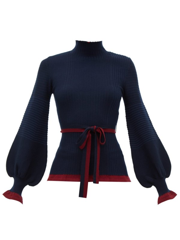 Auric belted bell-sleeve rib-knitted wool sweater