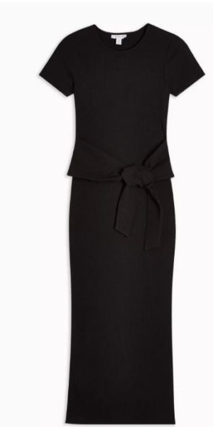 Black Belted Ribbed Column Dress - Black