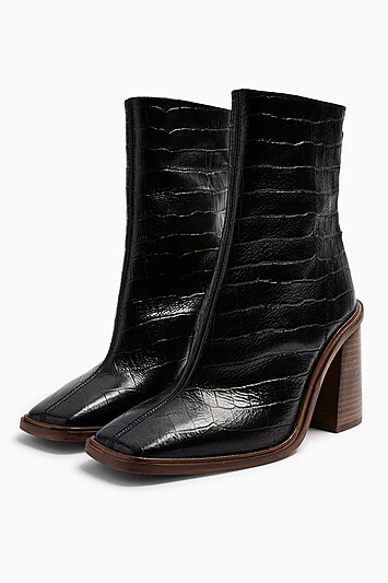 Hertford Leather Black Croc Print Boots - Black