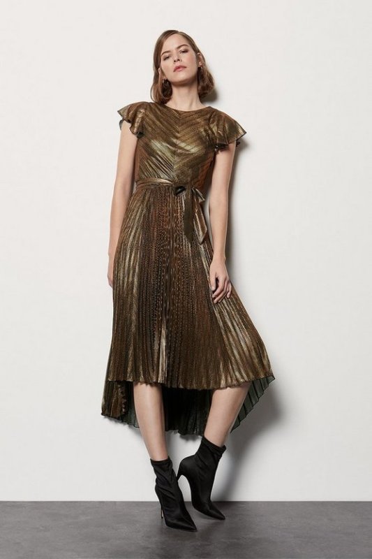 Metallic Pleated V Back Dress