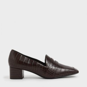 Charles & Keith | Brown Croc - Effect Square Toe Heel Loafers |