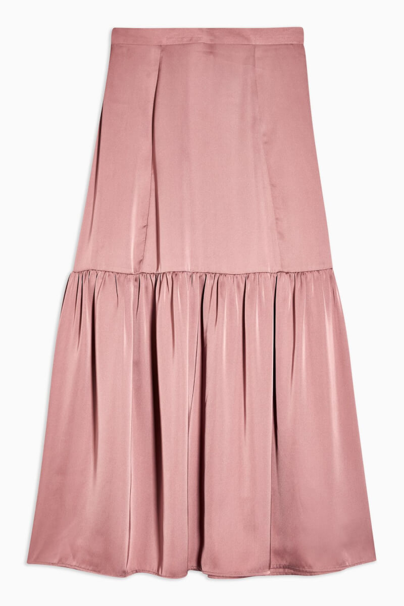 topshop Plain Blush Pink Satin Tiered Midi Skirt
