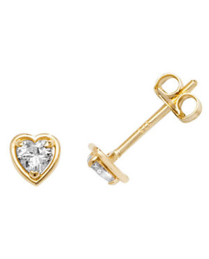 GENUINE 9CT YELLOW GOLD WHITE HEART CZ RUB OVER SOLITAIRE STUD EARRINGS
