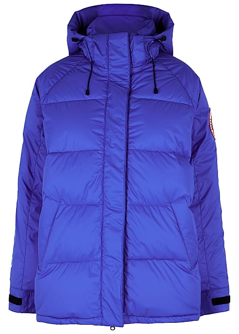 blue quilted puffer jacket