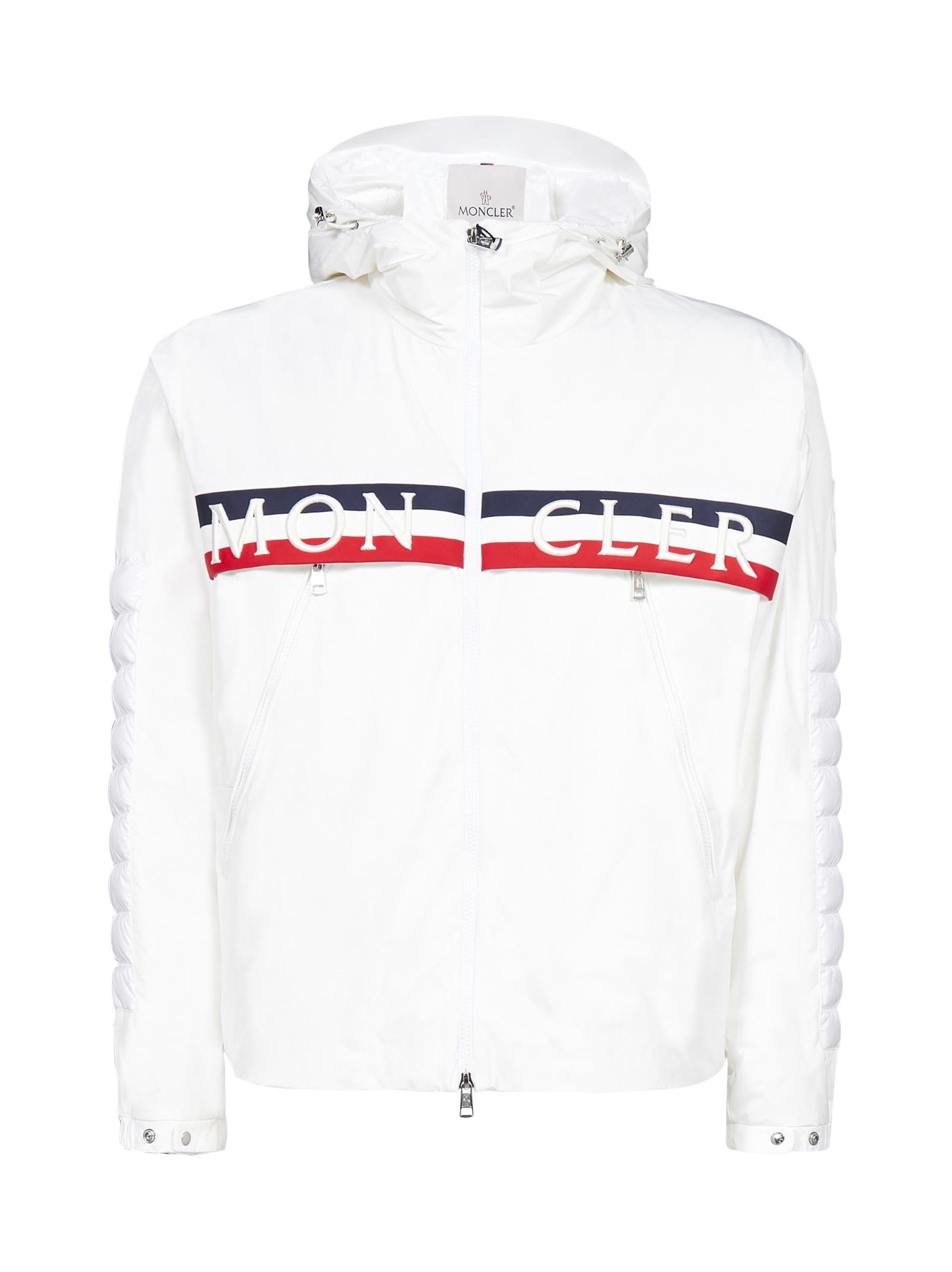 white puffer jacket with red blue stripe