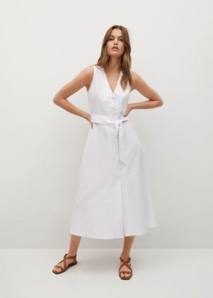 Belt linen dress white - Woman - 14 - MANGO
