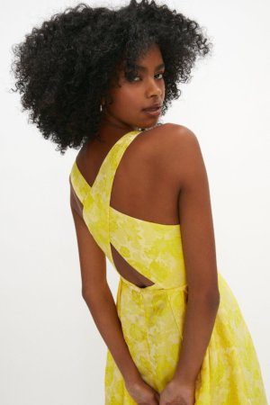 Coast Jacquard Cross Back Full Skirt Midi Dress -, Yellow