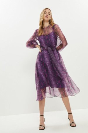 Coast Printed Long Sleeve Organza Midi Dress -, Purple
