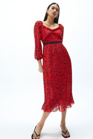 Coast Puff Sleeve Printed Georgette Midi Dress -, Red
