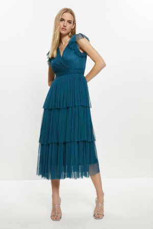 Coast Wrap Ruffle Sleeve Tiered Tulle Midi Dress -, Blue