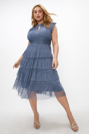 Coast Curve Tulle Tiered Frill Sleeve Dress -, Dusty Blue