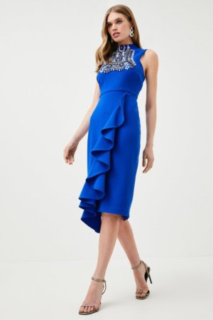 Karen Millen Embellished Ruffle Figure Form Crepe Dress -, Blue