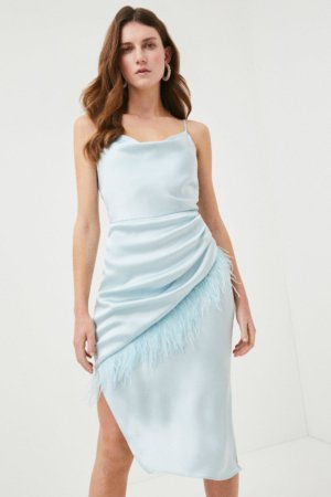 Karen Millen Satin Crepe Cowl Neck Feather Cami Dress -, Pale Blue