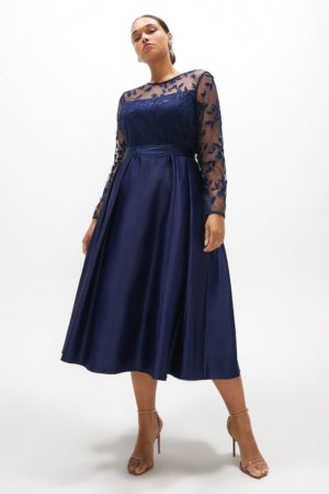 Coast Plus Size Embroidered Bodice Satin Skirt Dress -, Navy