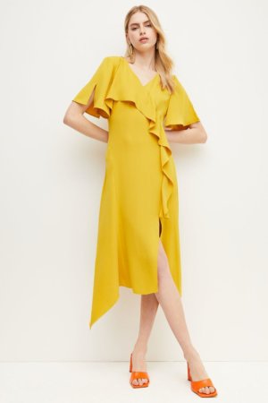 Karen Millen Soft Tailored Ruffle Detail Midi Dress -, Yellow