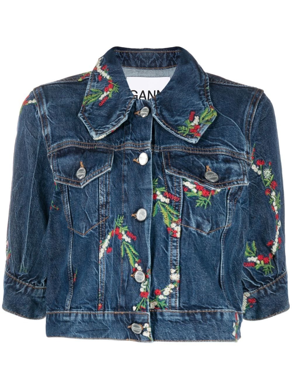 GANNI floral-embroidered cropped denim jacket - Blue