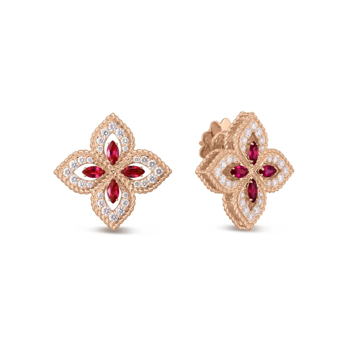 18ct Rose Gold Princess Flower 0.55ct Diamonda & Ruby Stud Earrings