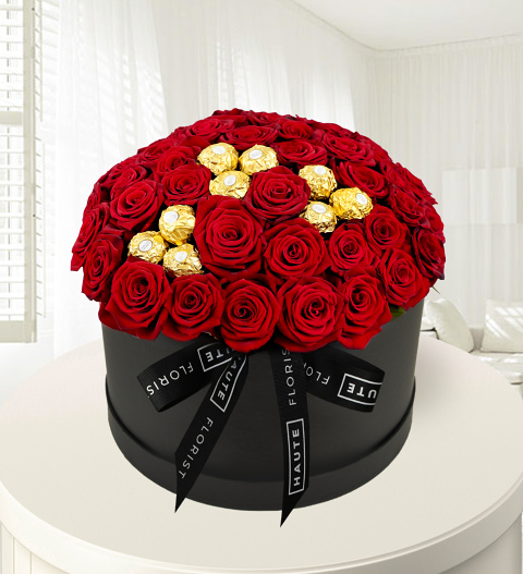 Ferrero Rose Hat Box - Red Roses - Luxury Roses - Luxury Red Roses - Flowers in a Hat Box - Luxury Flowers - Luxury Valentine's Flowers