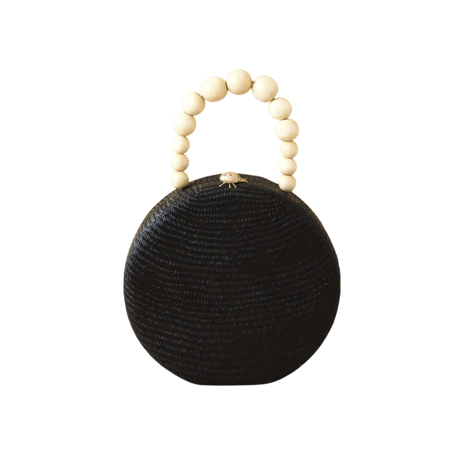 LIKH - Black Round Classic Handbag With Wood Handle - Straw Bag