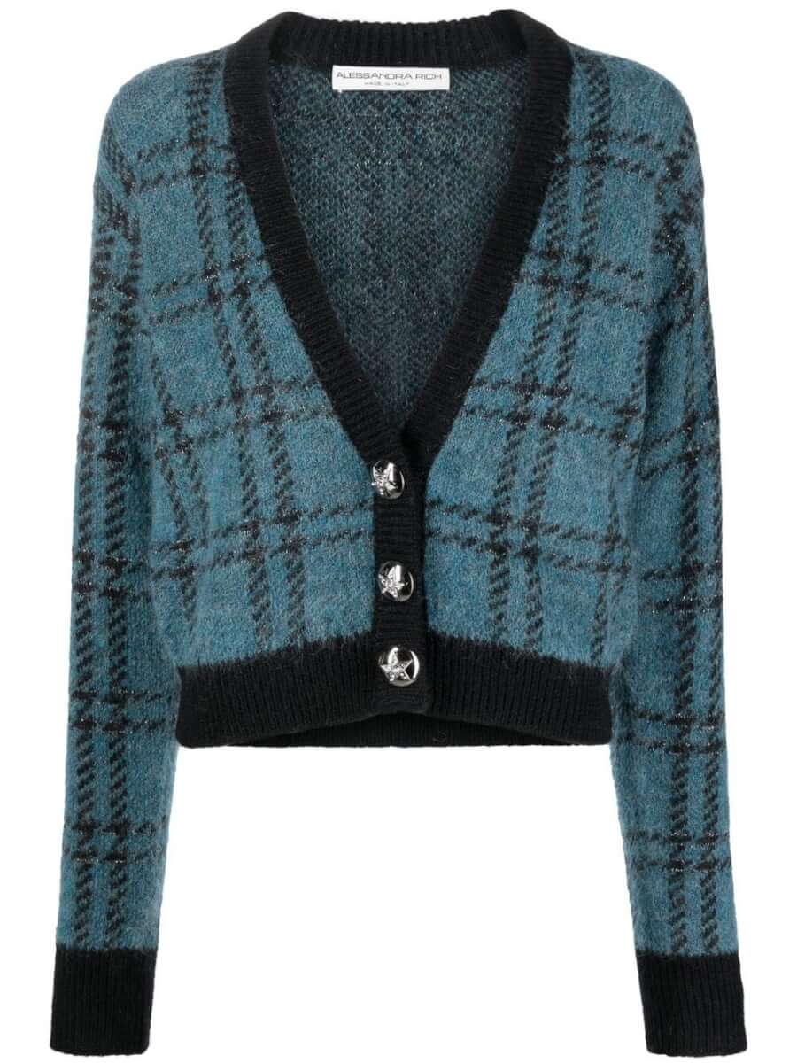 Alessandra Rich crystal-embellished checked cardigan - Blue