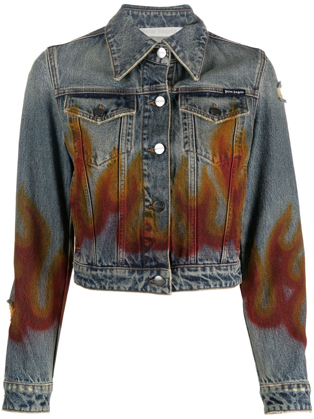 Palm Angels flame-print cropped denim jacket - Blue