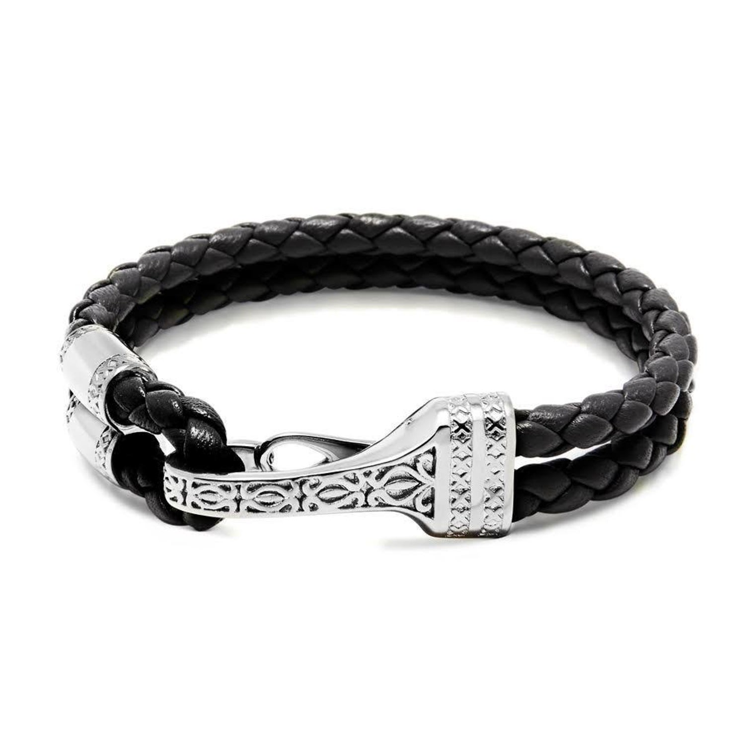 Black / Silver Men's Black Leather Bracelet With Silver Bali Clasp Lock Nialaya Jewelry