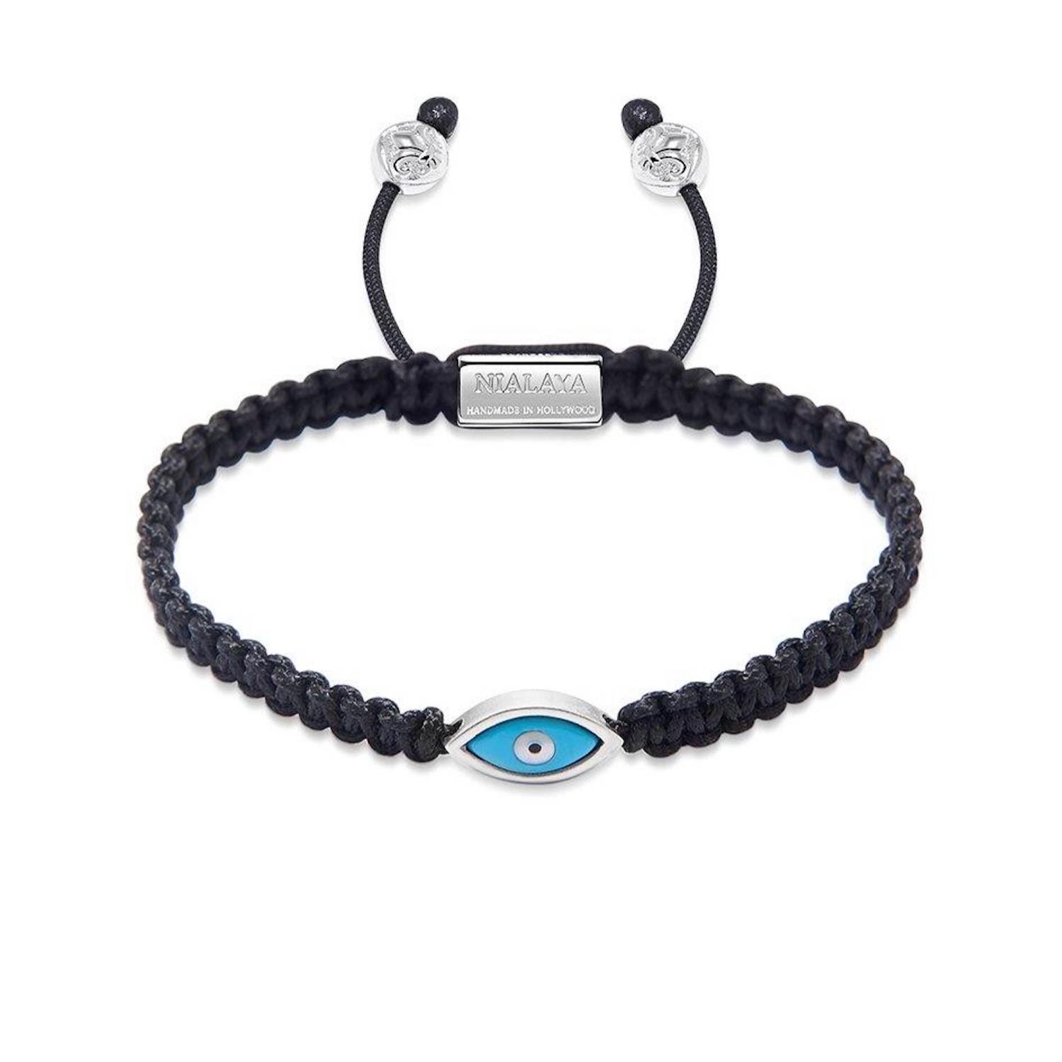 Black / Silver Men's Black String Bracelet With Silver Evil Eye Nialaya Jewelry