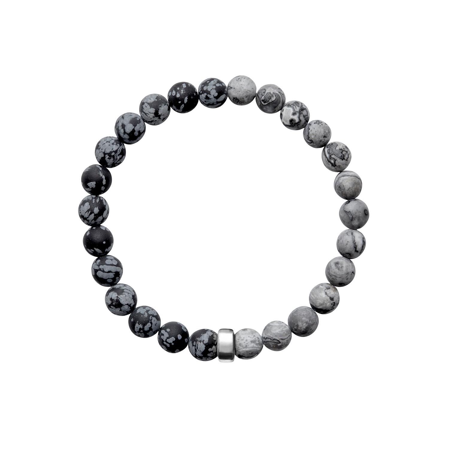 Black / White / Grey Aro Men's Snowflake Obsidian & Map Jasper Bracelet Silver Bead - Large ORA Pearls