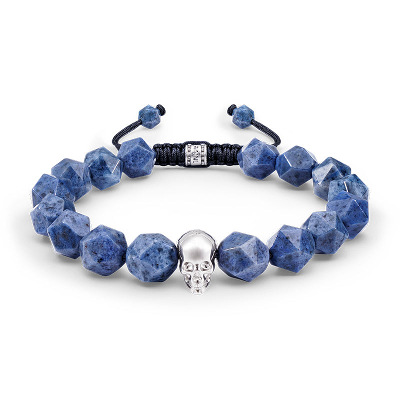 Blue Men's Beaded Drawstring Bracelet With Dumortierite And Sterling Silver Skull Charm AWNL