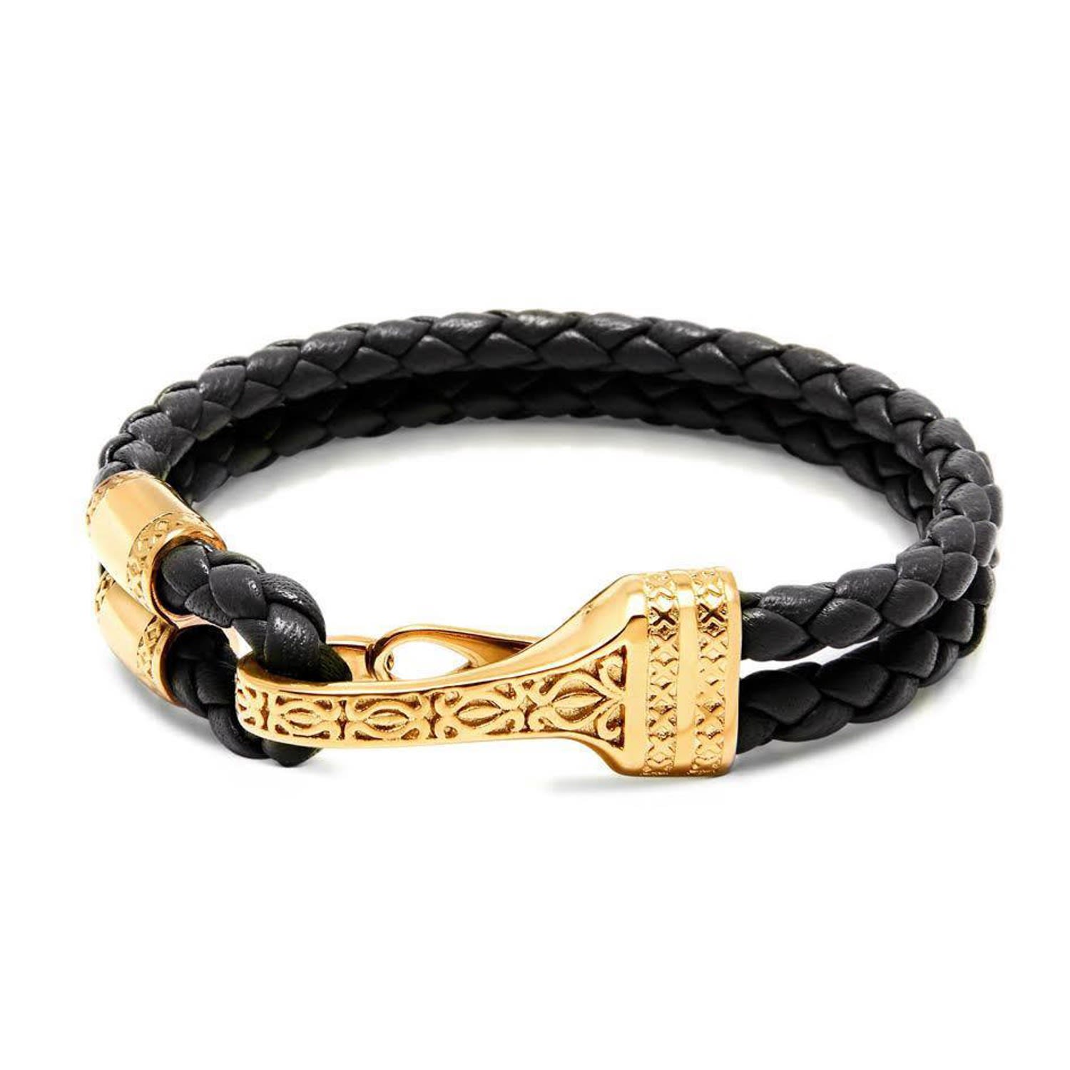 Gold / Black Men's Black Leather Bracelet With Gold Bali Clasp Lock Nialaya Jewelry