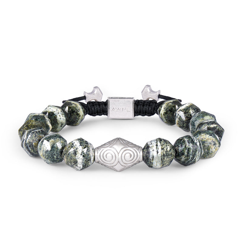 Green Men's Beaded Bracelet Of Mount Sumeru With Dragon Eye And Sterling Silver Charm AWNL