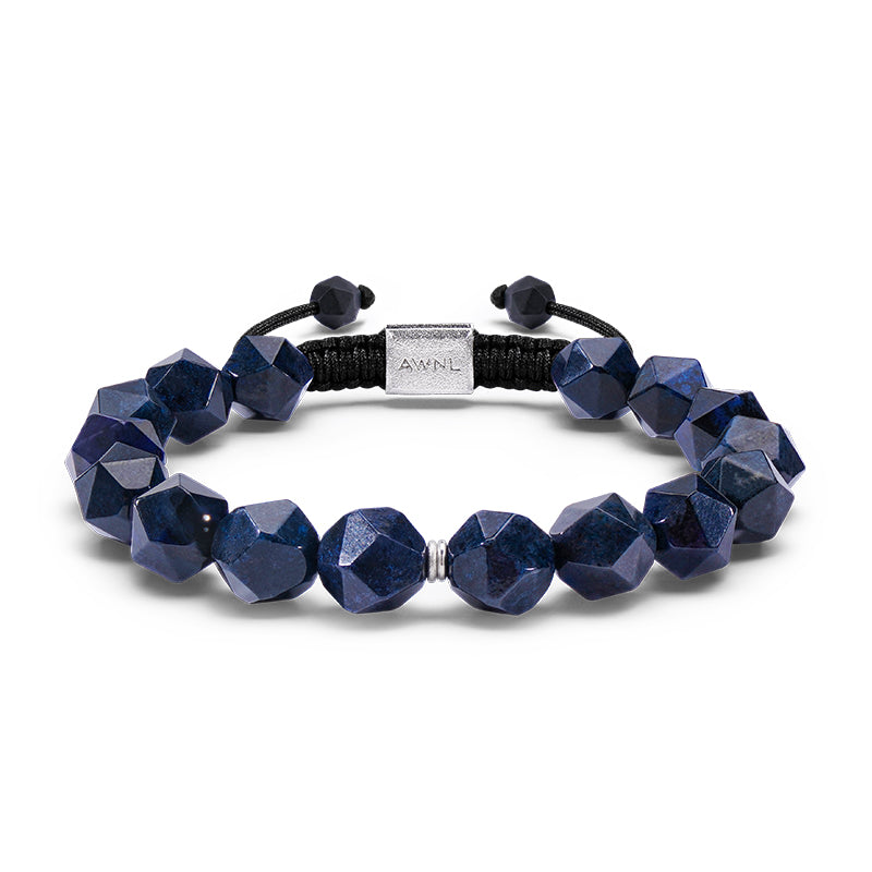 Men's Beaded Drawstring Bracelet With Blue Dumortierite And Sterling Silver Hoops AWNL