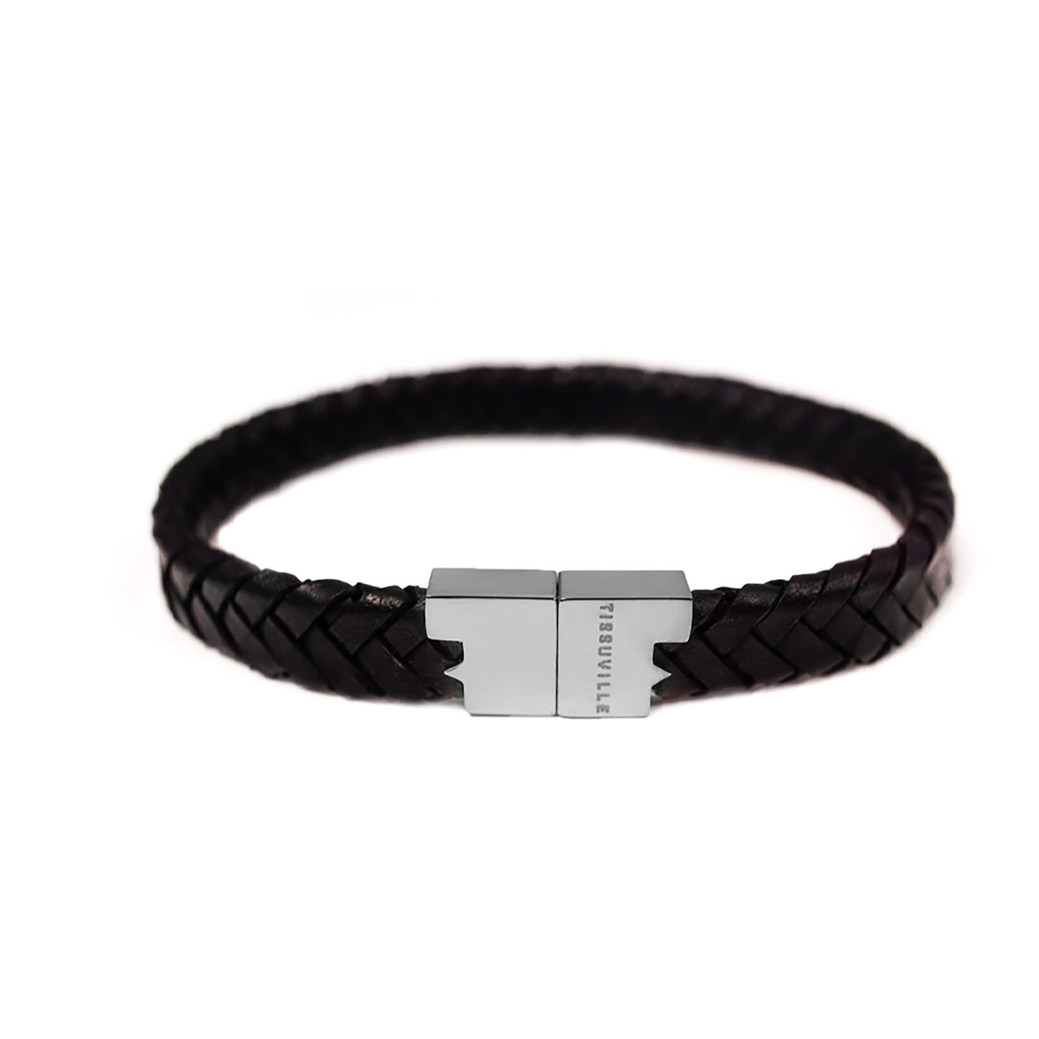 Men's Black Braided Leather Bracelet With Silver-Tone Hardware - Serac Tissuville