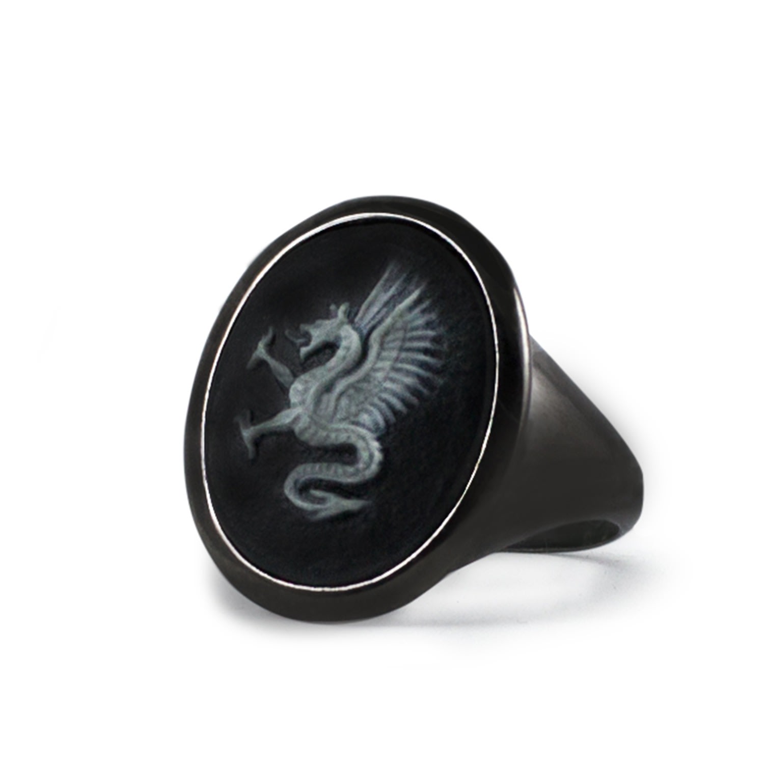 Men's Black Dragon Cameo Signet Ring Vintouch Italy