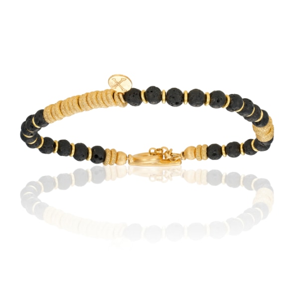 Men's Black Lava Stone Beaded Bracelet With Yellow Gold Beads Unisex Double Bone Bracelets