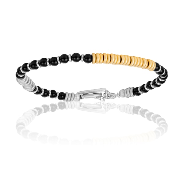 Men's Black Onix Stone Beaded Bracelet With White & Yellow Gold Beads Unisex Double Bone Bracelets