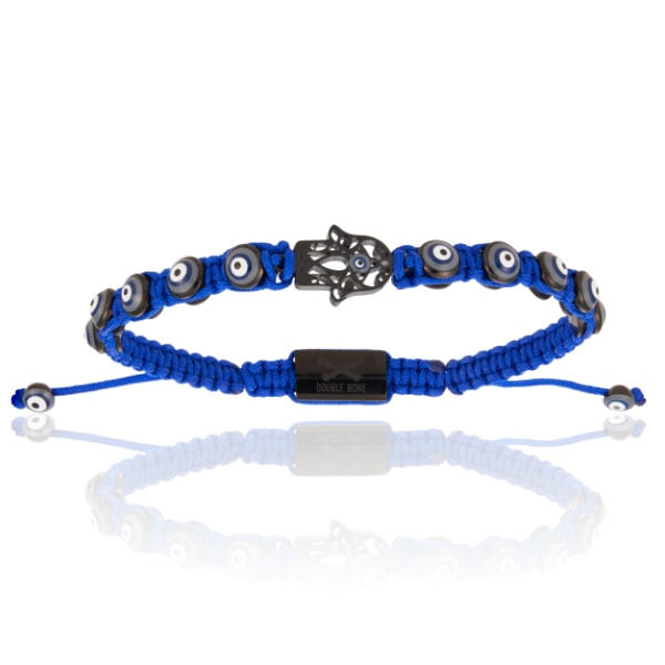 Men's Black Pvd Hamsa Hand With Blue Polyester Bracelet Unisex Double Bone Bracelets