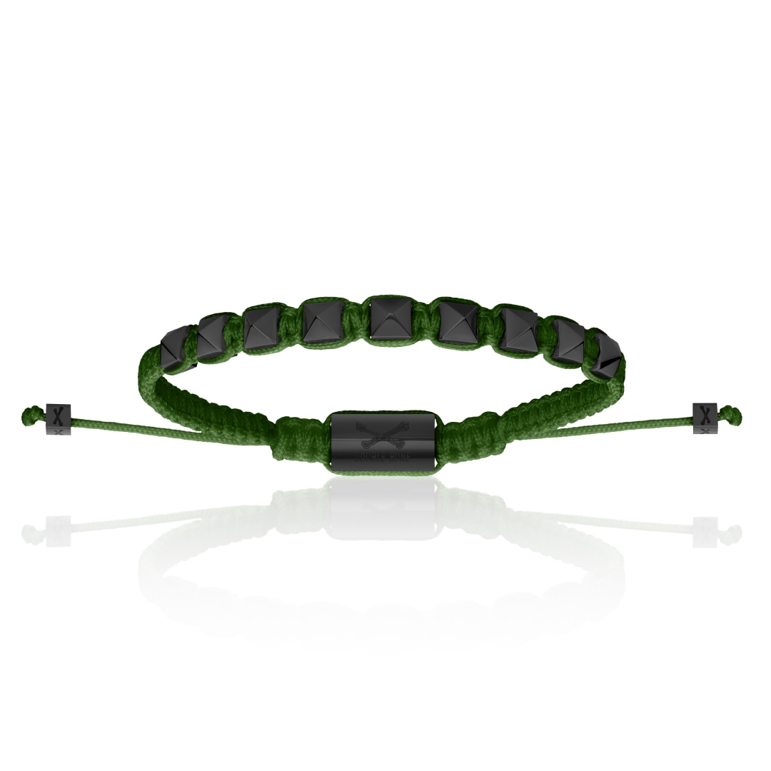 Men's Black Pvd Studs With Military Green Polyester Bracelet Unisex Double Bone Bracelets