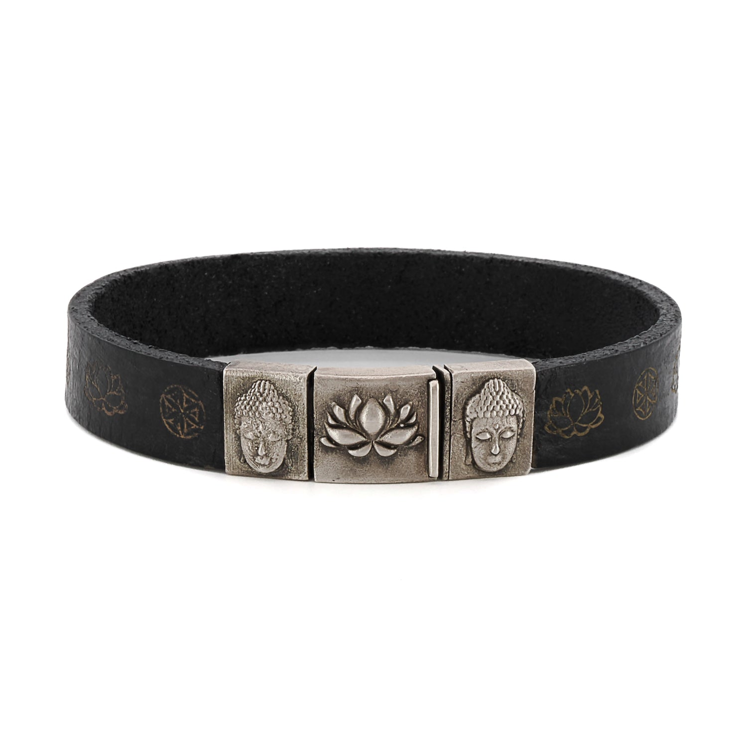 Men's Black / Silver Spiritual Buddha & Lotus Bangle Bracelet Ebru Jewelry