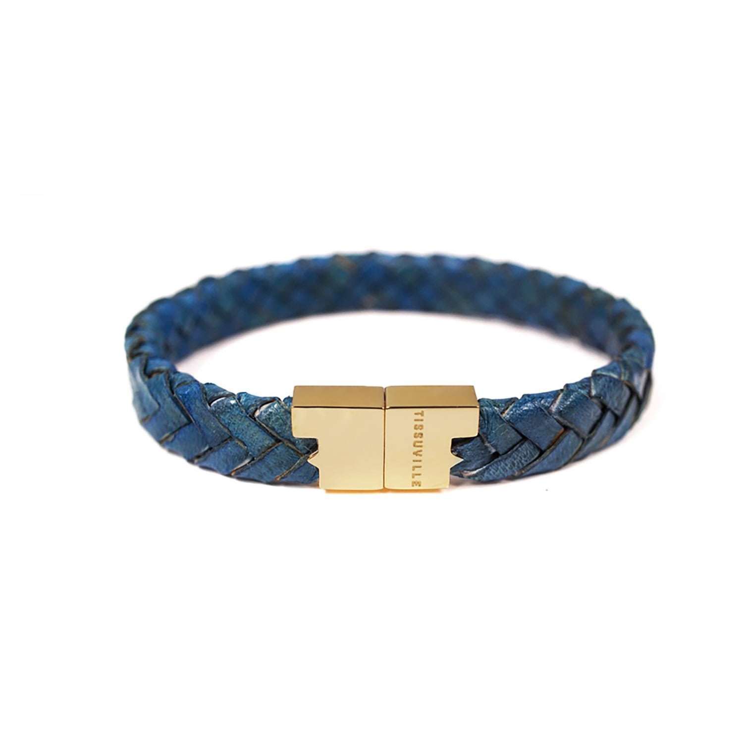 Men's Blue Braided Leather Bracelet With Gold-Plated Hardware - Blue Tissuville