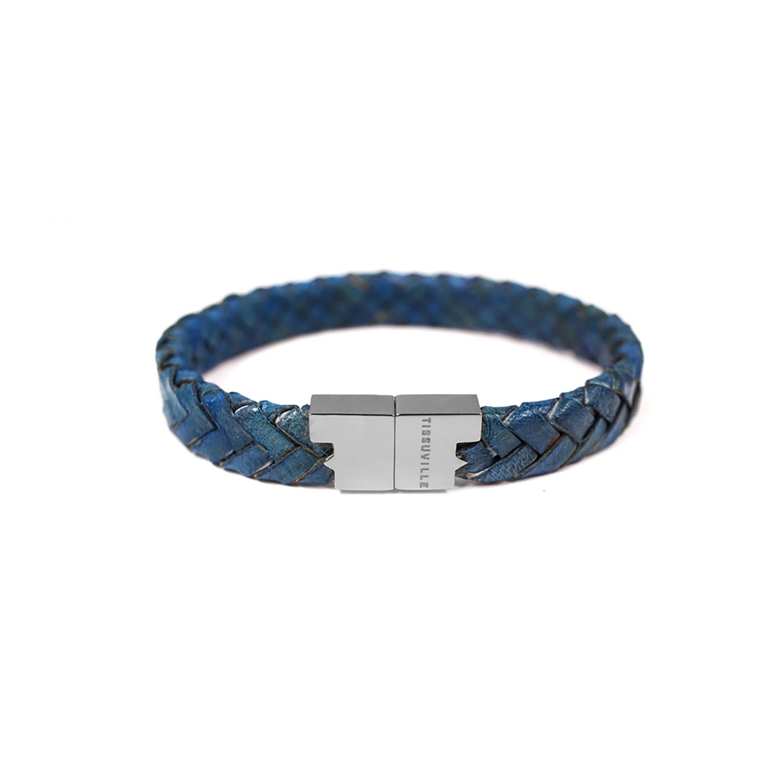 Men's Blue Braided Leather Bracelet With Silver-Tone Hardware - Serac Tissuville