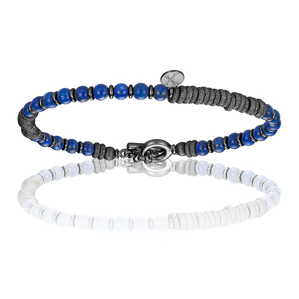 Men's Blue Lapis Lazuli Stone Beaded Bracelet With Black Pvd Beads Unisex Double Bone Bracelets
