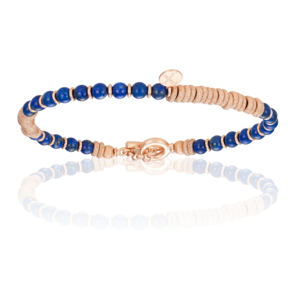 Men's Blue Lapis Lazuli Stone Beaded Bracelet With Pink Gold Beads Unisex Double Bone Bracelets