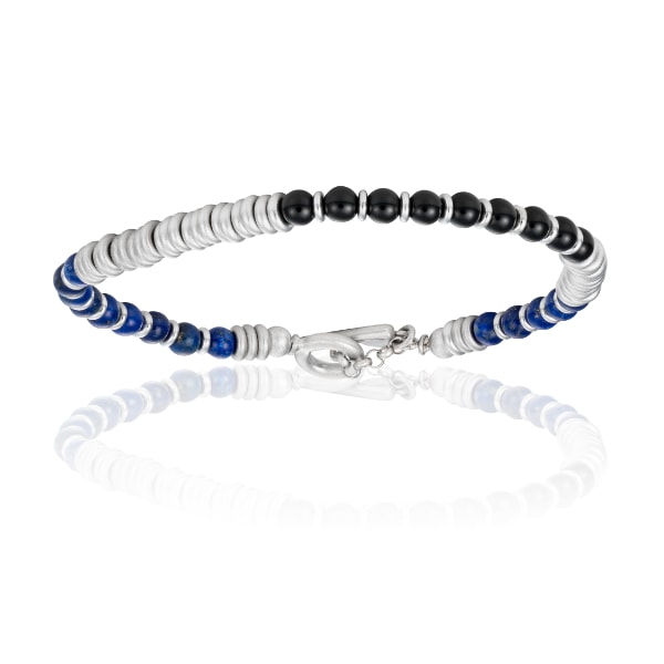 Men's Blue Lapis Lazuli & Onix Stone Beaded Bracelet With White Gold Beads Unisex Double Bone Bracelets