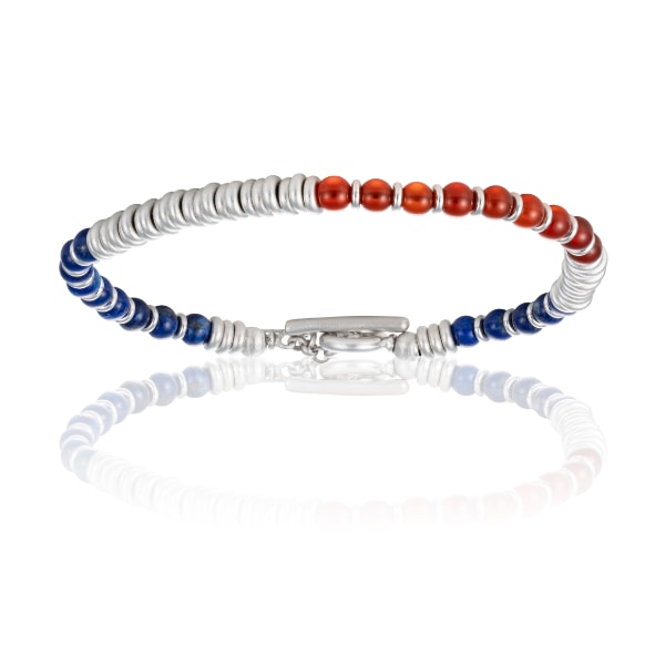 Men's Blue Lapis Lazuli & Red Agata Stone Beaded Bracelet With White Gold Beads Unisex Double Bone Bracelets