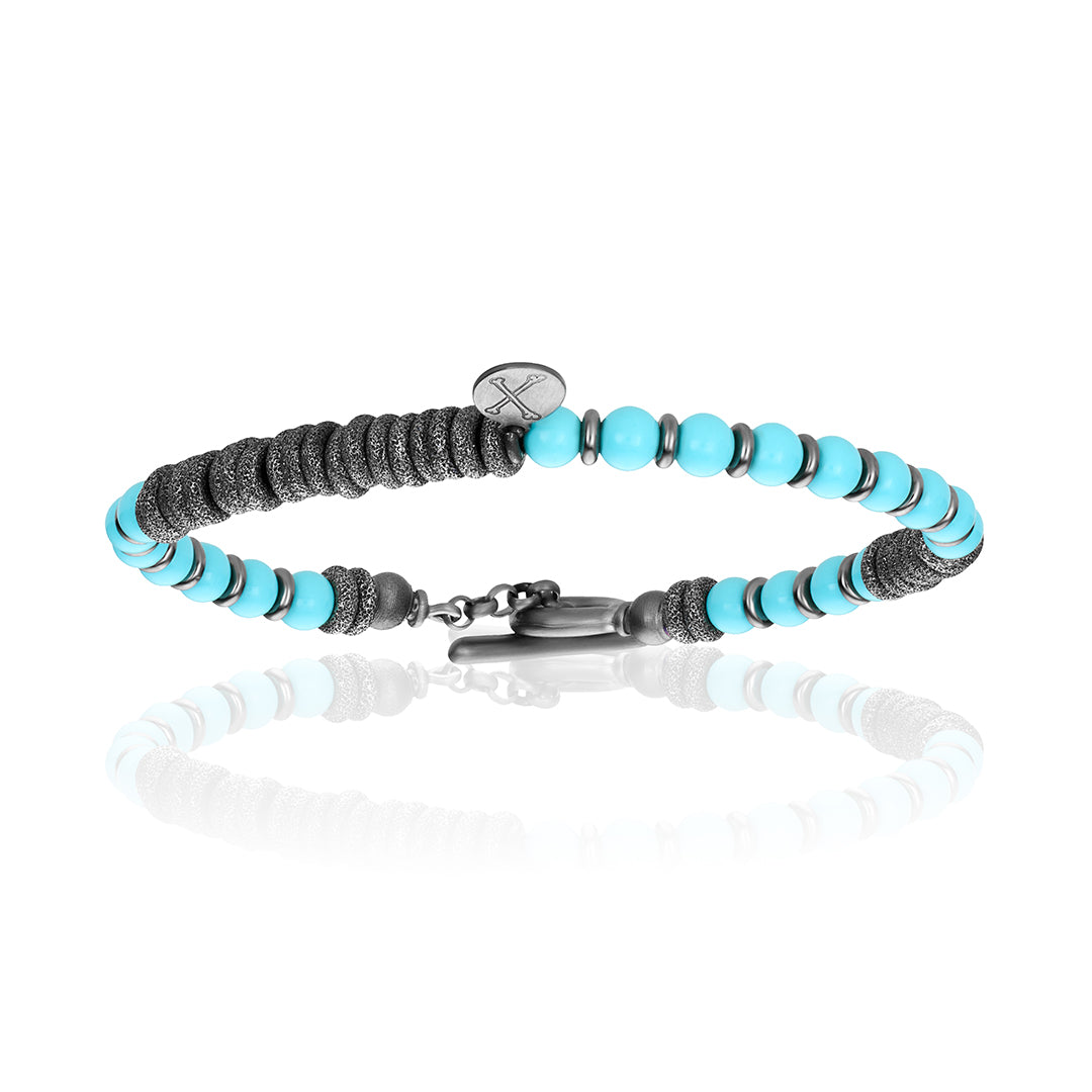 Men's Blue Stone Beaded Bracelet With Black Pvd Beads Unisex Double Bone Bracelets