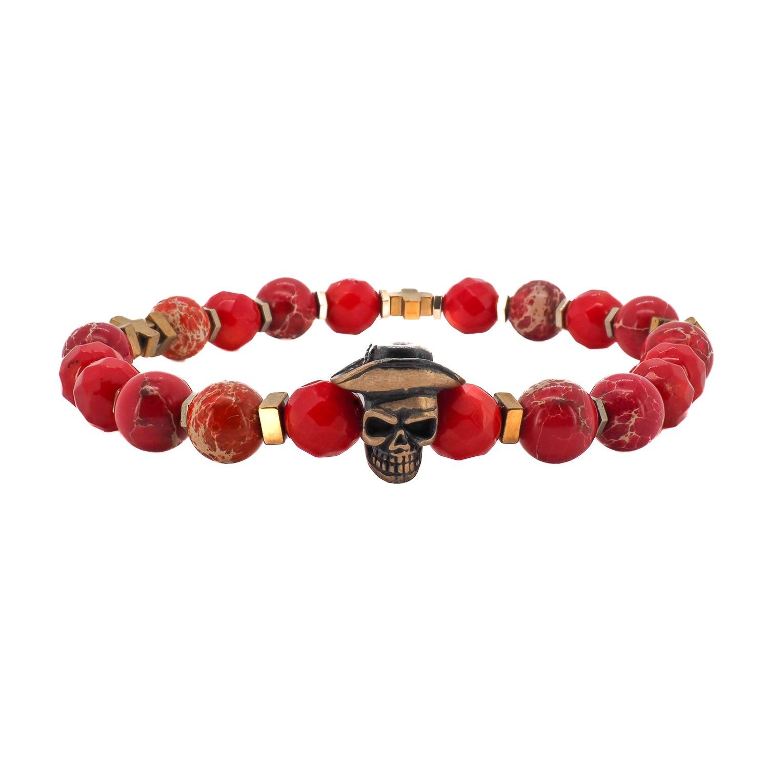 Men's Gold / Red Red Cowboy Hat Skull Bracelet Ebru Jewelry