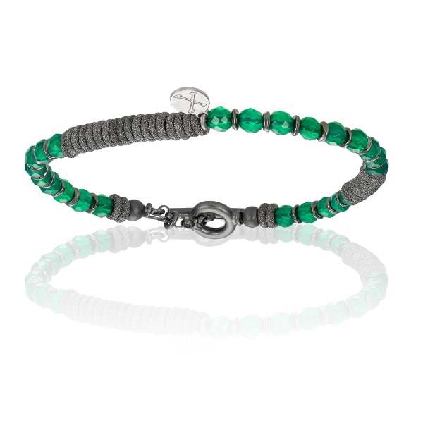 Men's Green Agate Stone Beaded Bracelet With Black Pvd Beads Unisex Double Bone Bracelets